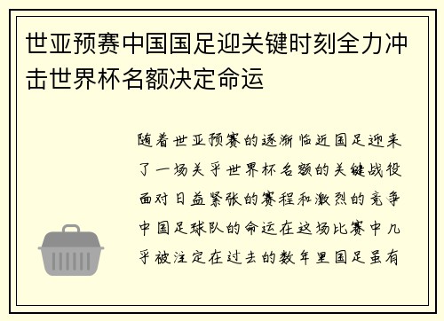 世亚预赛中国国足迎关键时刻全力冲击世界杯名额决定命运