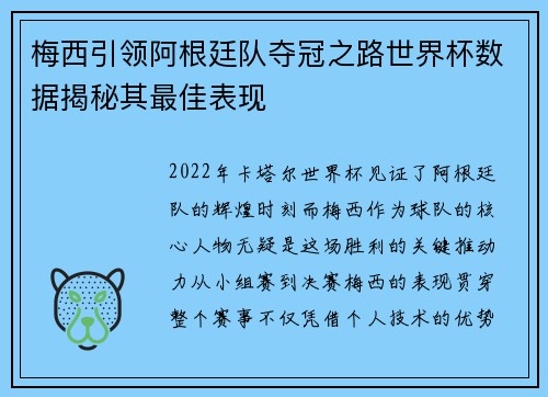 梅西引领阿根廷队夺冠之路世界杯数据揭秘其最佳表现