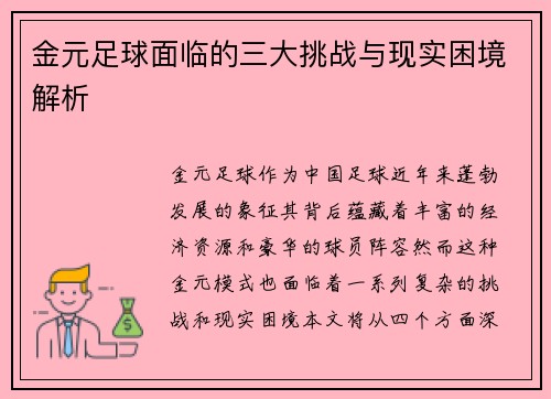 金元足球面临的三大挑战与现实困境解析