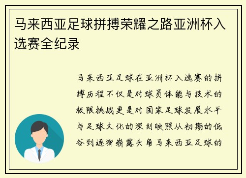 马来西亚足球拼搏荣耀之路亚洲杯入选赛全纪录