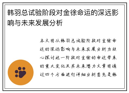 韩羽总试验阶段对金徐命运的深远影响与未来发展分析